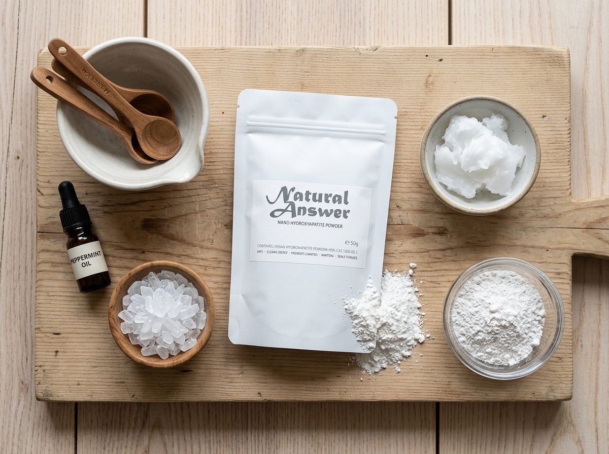 Zutaten für selbstgemachte Zahnpasta ohne Fluorid: Kokosöl, Schlämmkreide, Xylit und Nano-Hydroxylapatit