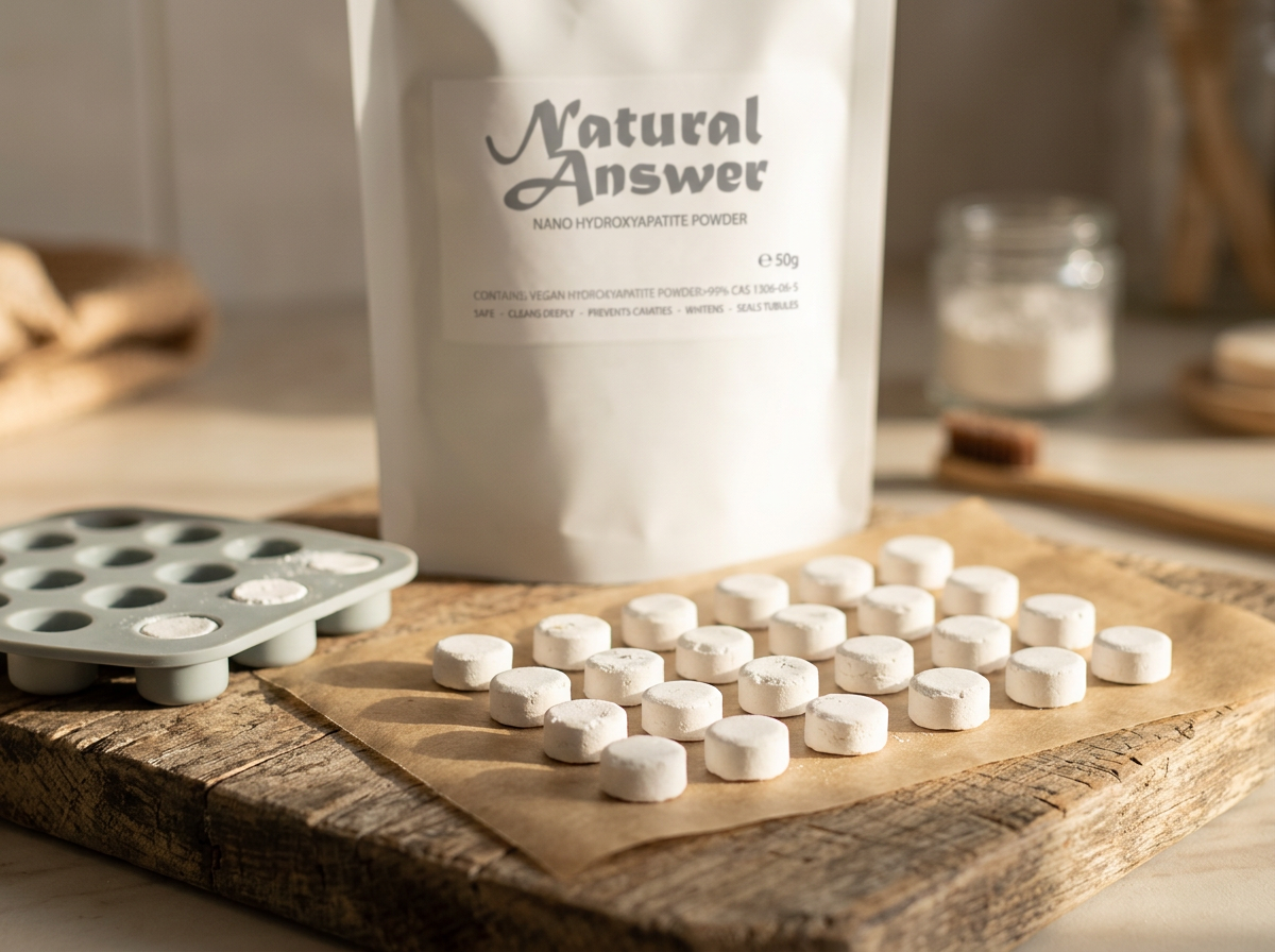 Selbstgemachte Zero-Waste-Zahnputztabletten mit Hydroxylapatit im Schraubglas