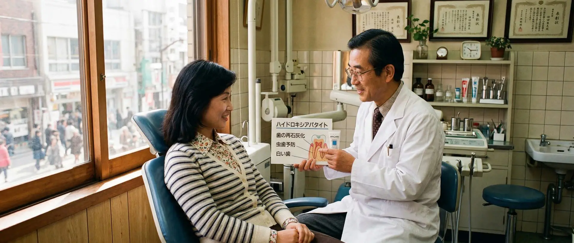 A Japanese dentist in the 1980s explaining the benefits of hydroxyapatite for dental care