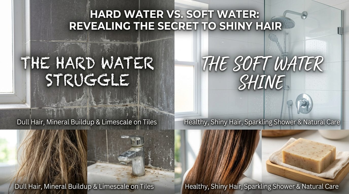 Hard water vs soft water comparison with shampoo bar solution