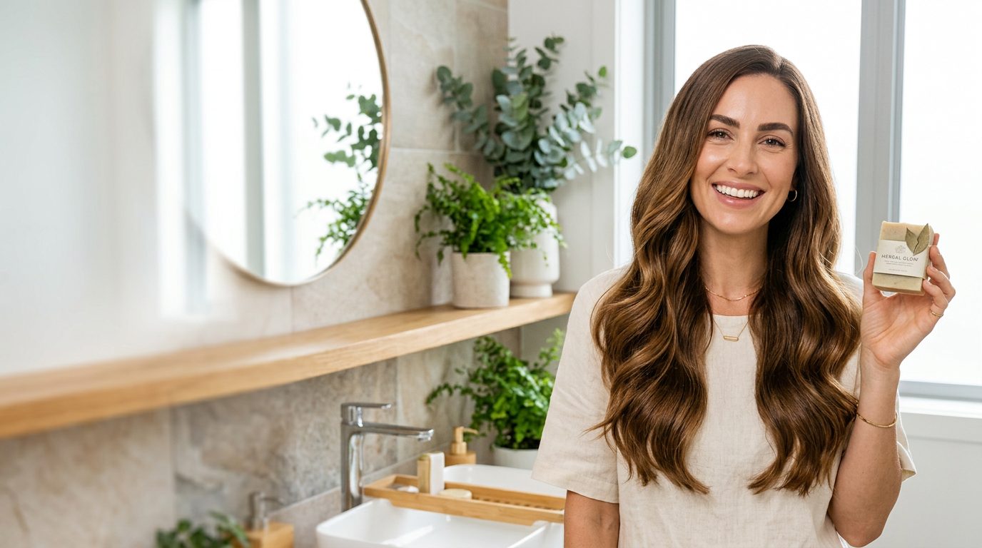 Woman with beautiful healthy hair holding natural shampoo bar
