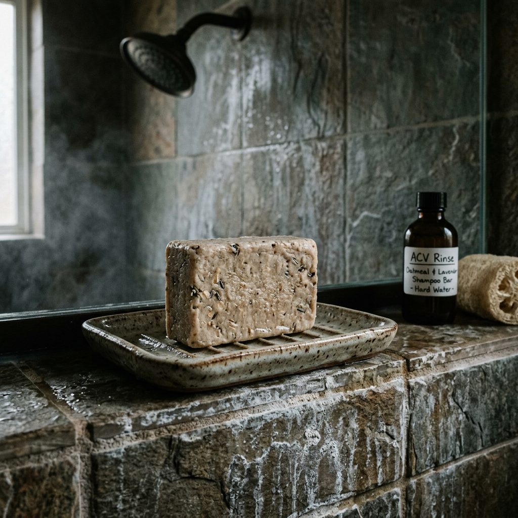 Natural shampoo bar in hard water shower setting