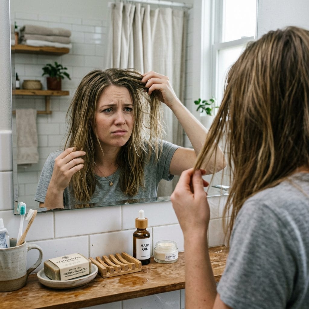Woman examining her hair after switching to shampoo bar