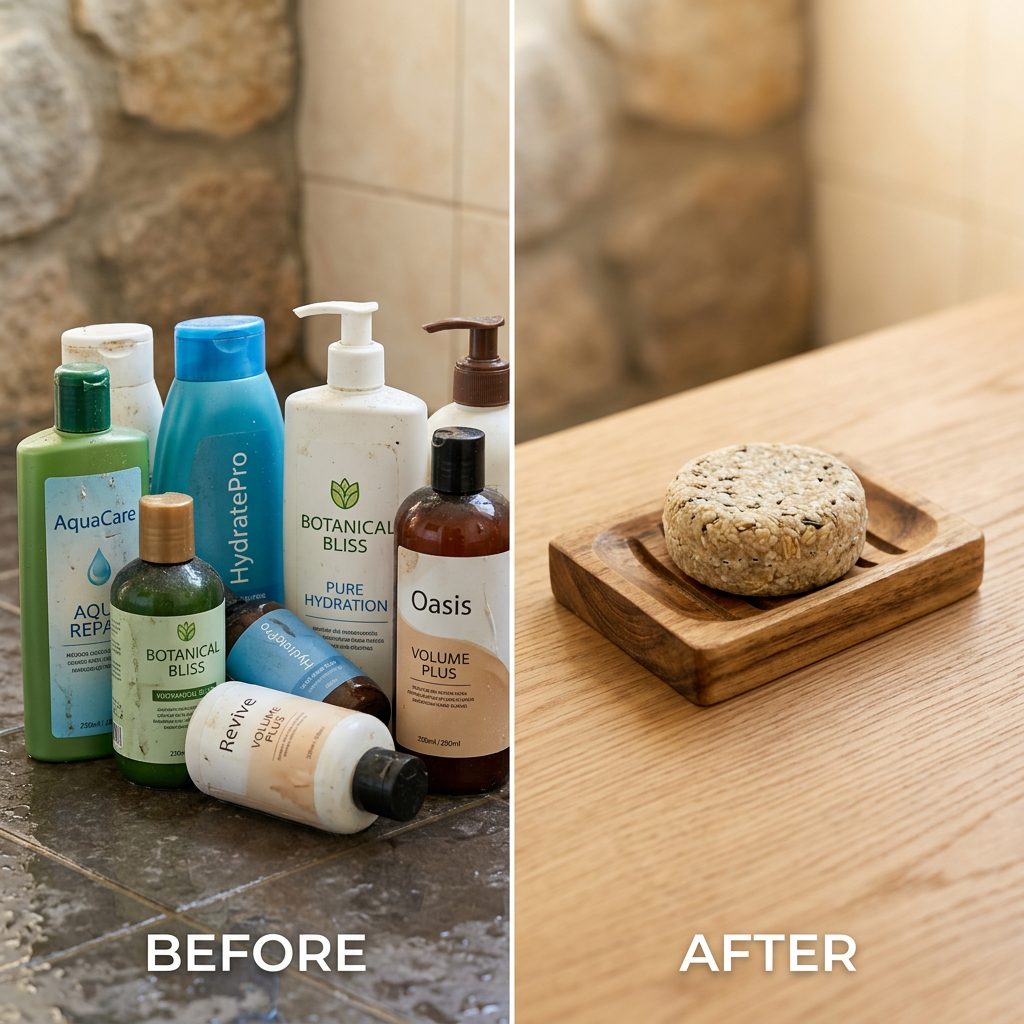 Natural shampoo bar vs plastic shampoo bottles comparison