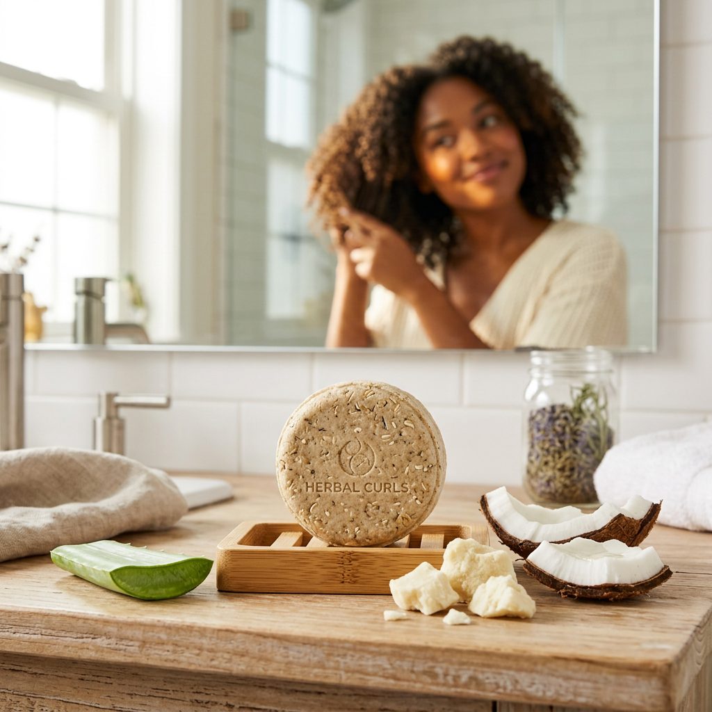 Natural handmade shampoo bar for curly hair with botanical ingredients