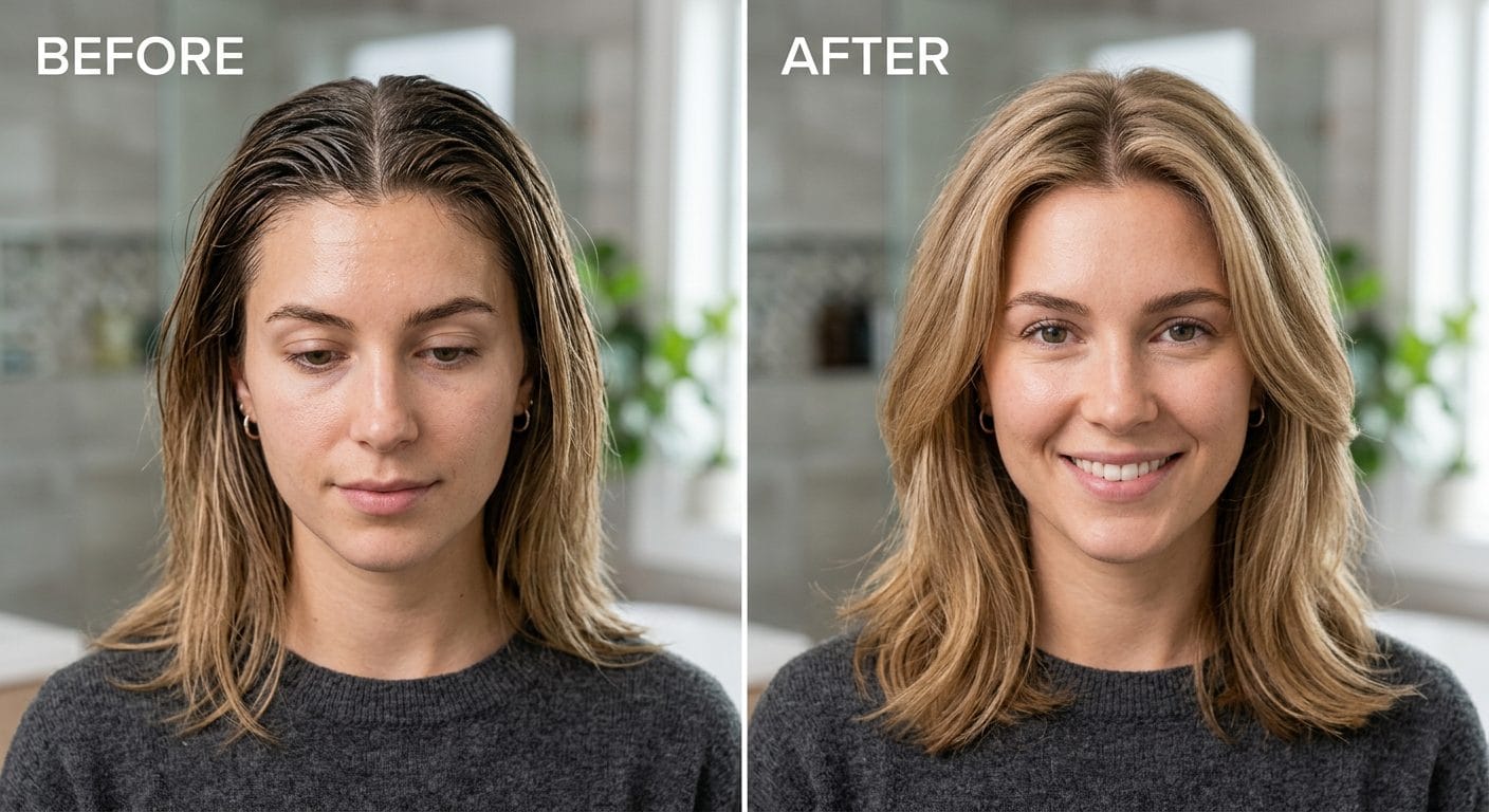 Woman with fresh, oil-free hair after using natural shampoo bar