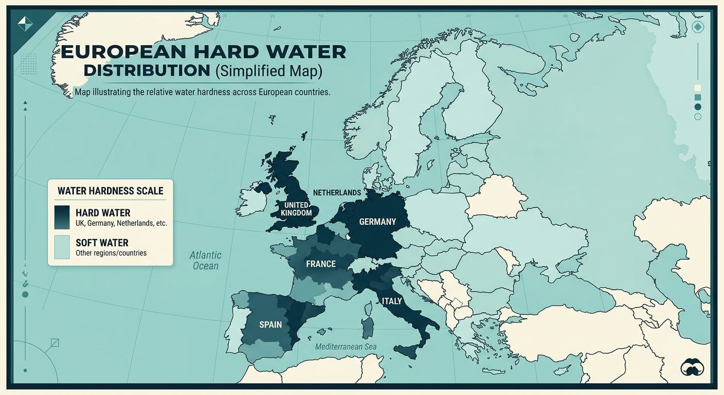 Map of Europe showing hard and soft water zones