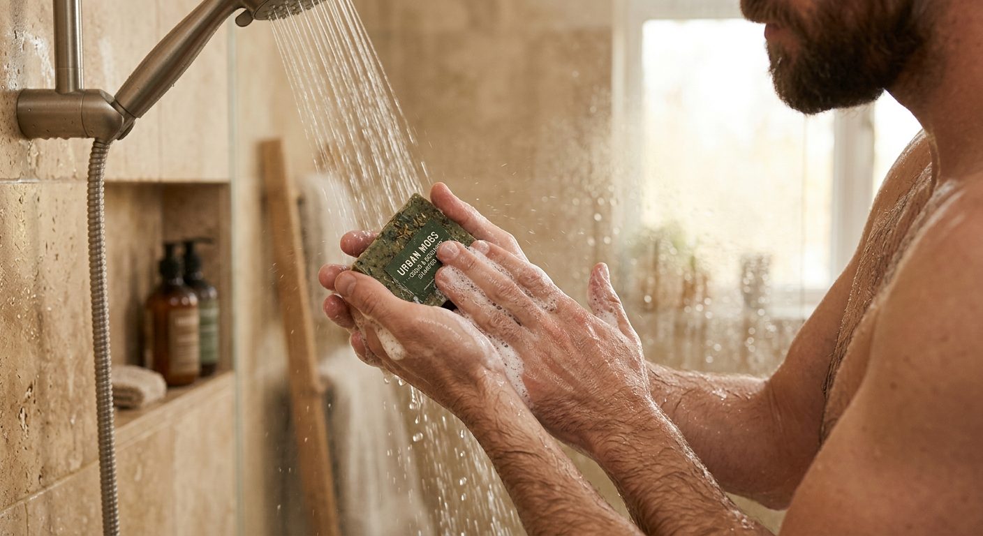 Man using a shampoo bar for daily hair care