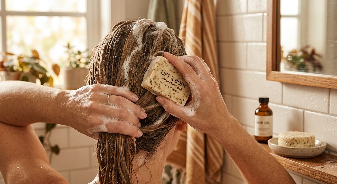Creating lather with a natural shampoo bar — volumizing routine for flat, fine hair