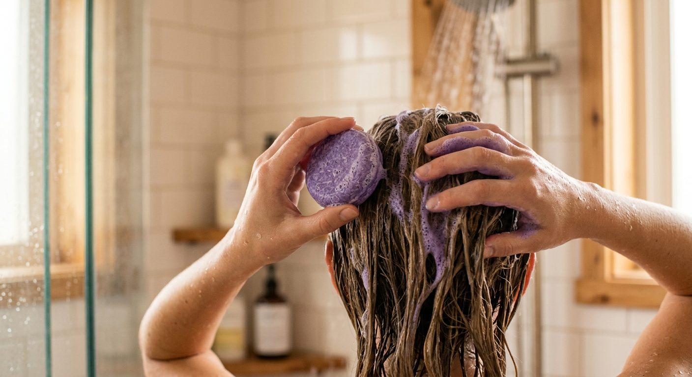 Purple shampoo bar application technique and contact time for optimal toning