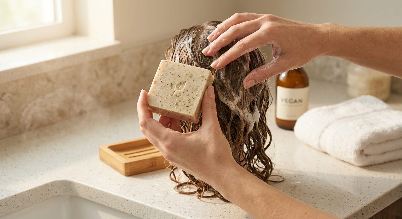 Hands lathering a shampoo bar into wet hair at a bathroom counter