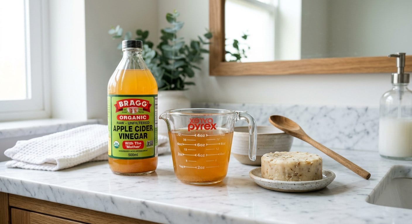 Apple cider vinegar rinse preparation with natural shampoo bar