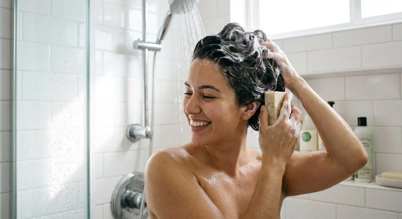 Woman with healthy, voluminous hair after successful shampoo bar transition
