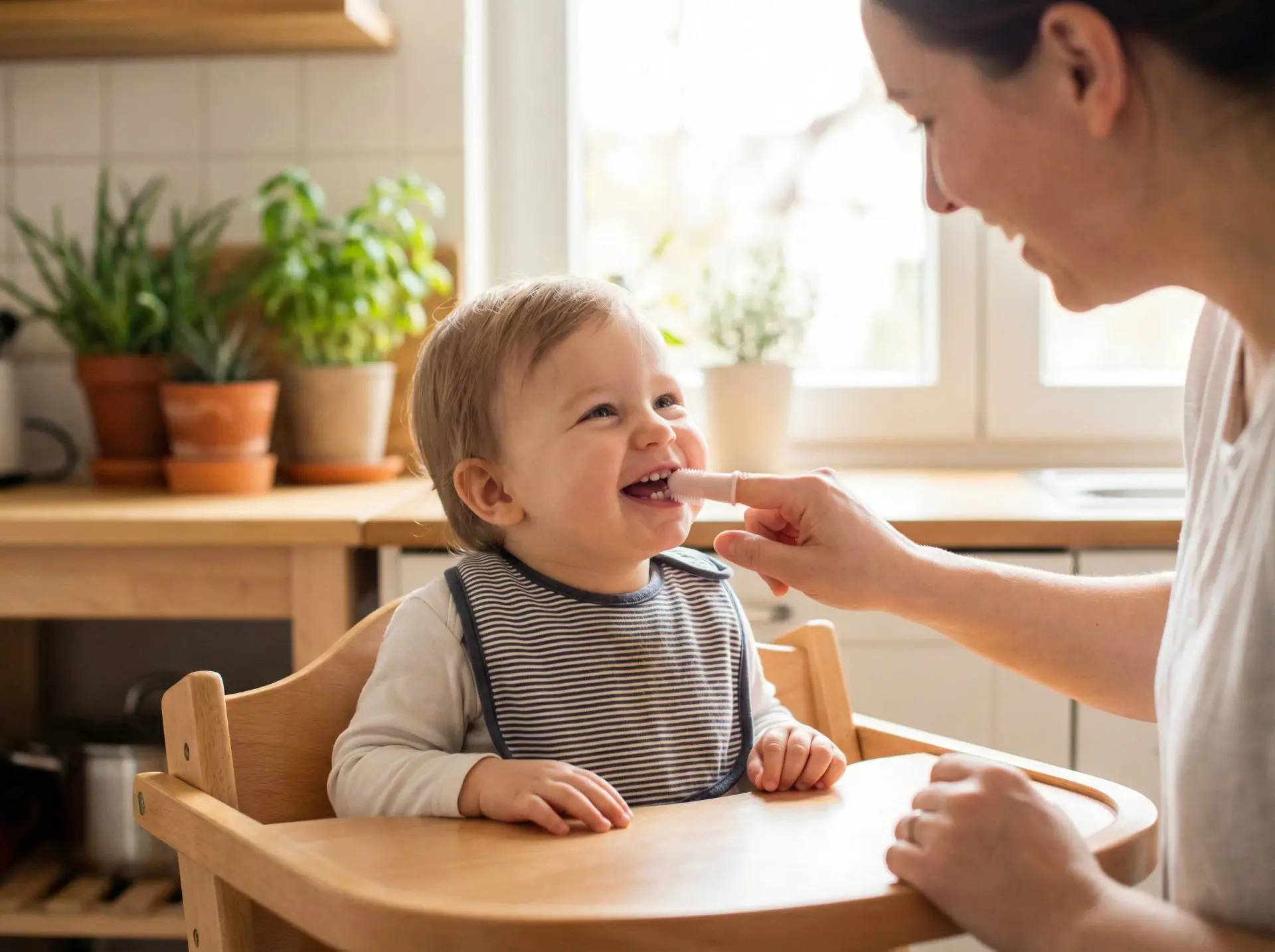 A mother brushing the teeth of her toddler