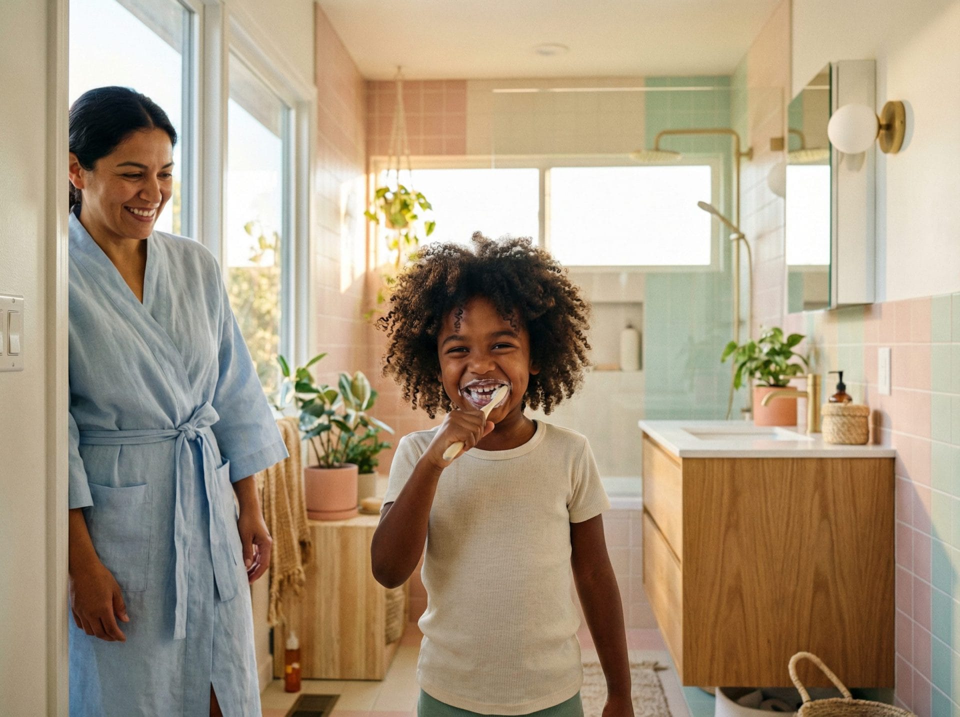 Kid brushing teeth, smiling