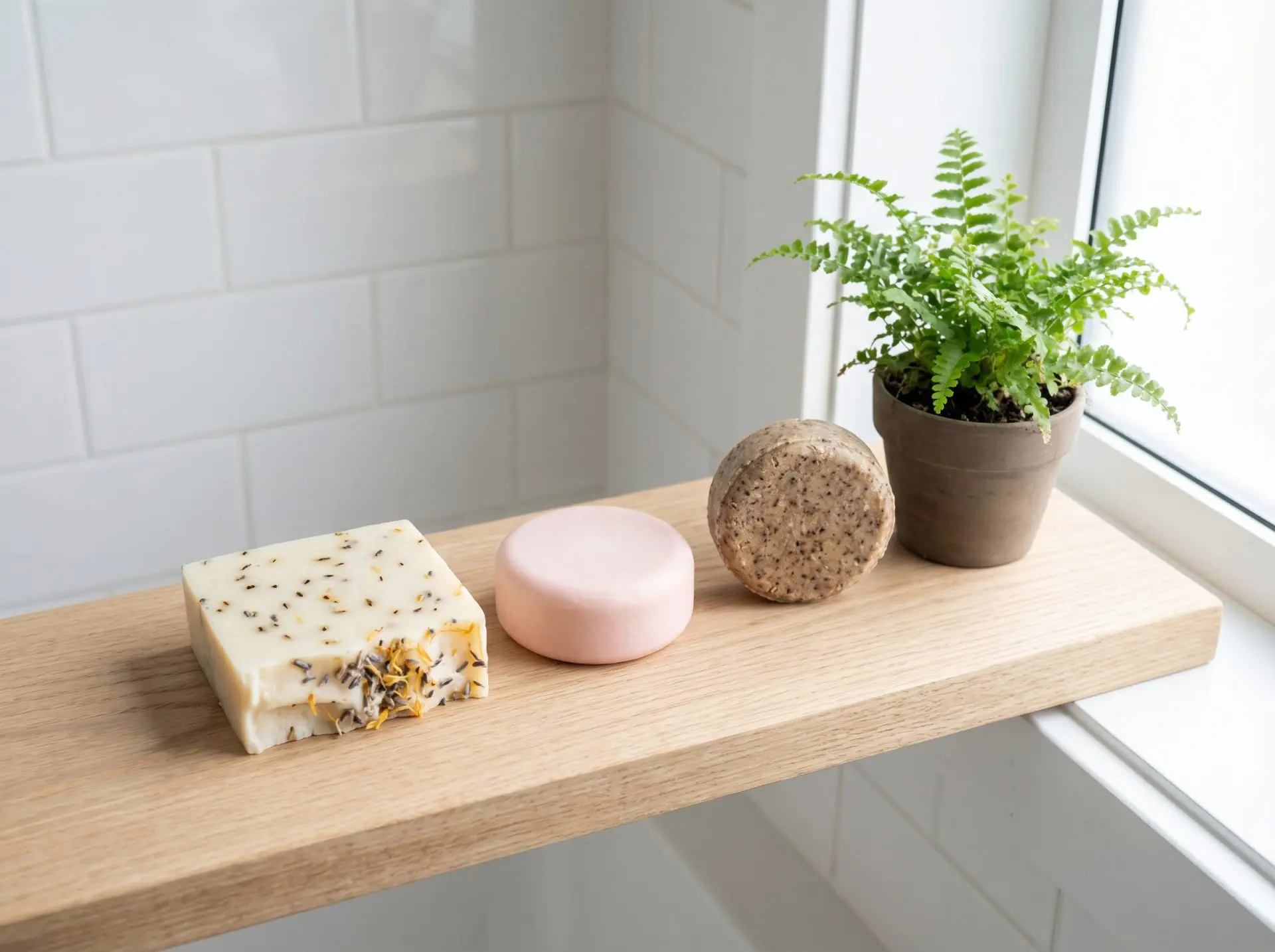 Comparison of shampoo bar types: cold process soap, detergent-based, and hybrid bars on a bathroom shelf