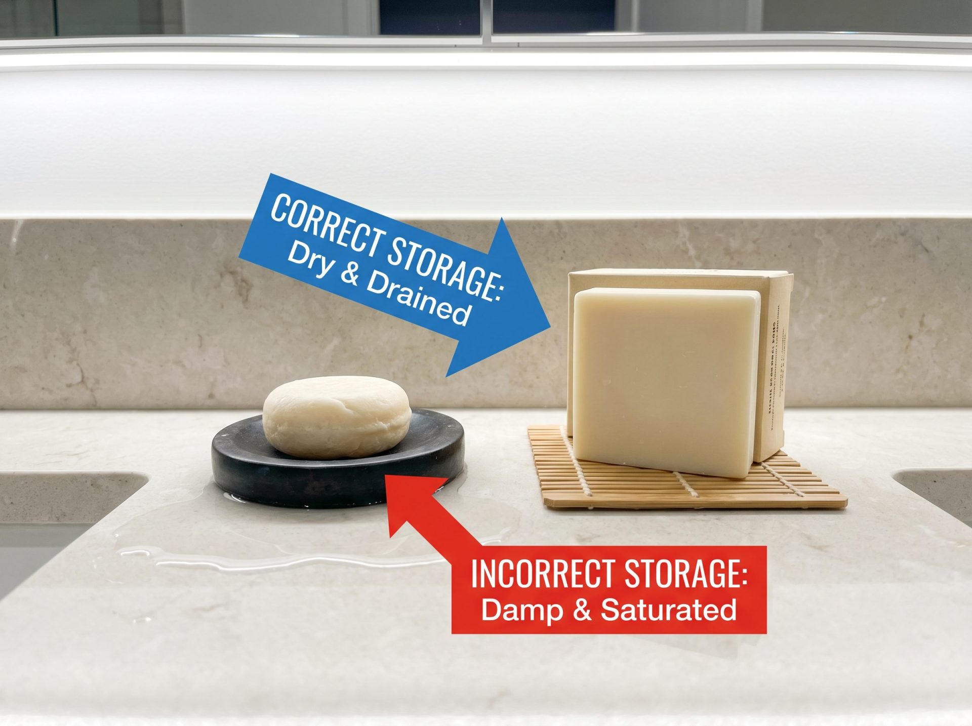 Shampoo bar storage comparison: bar in a damp dish with standing water (incorrect) vs bar on a dry draining bamboo rack (correct)