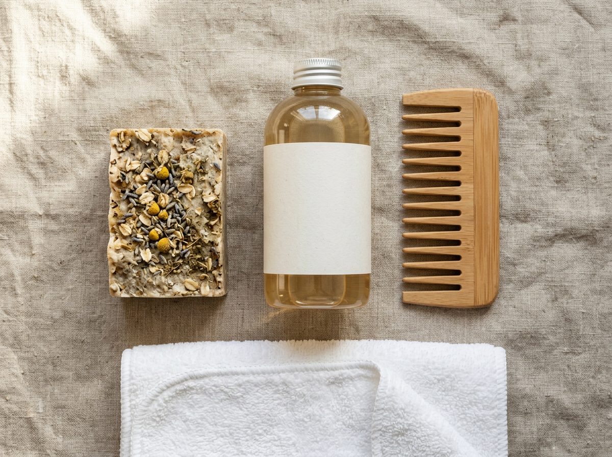 Shampoo bar on a wooden soap dish in the bathroom