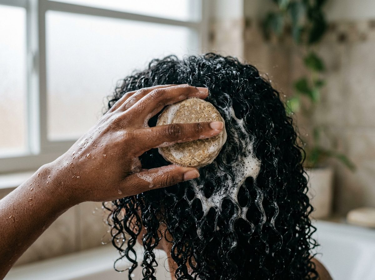 Lathering and rinsing a shampoo bar