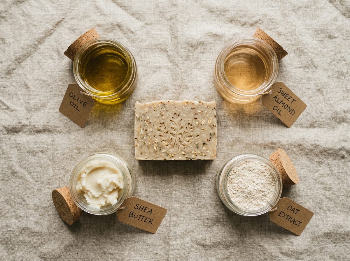 Cold process soap bar with its raw ingredients: olive oil, sweet almond oil, shea butter