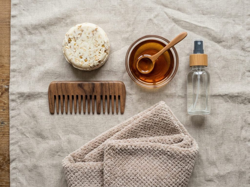Rustic wooden surface with natural soap bars and dried botanicals in warm earthy tones