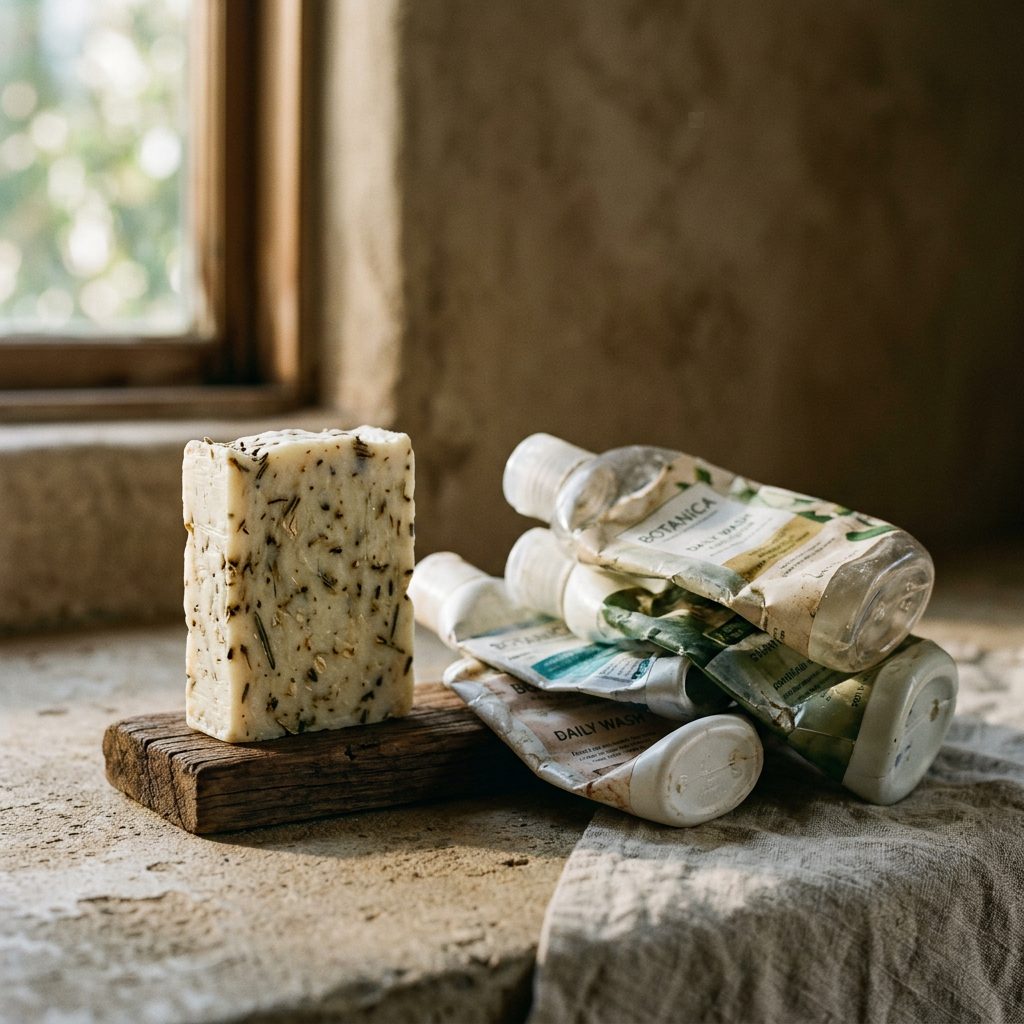 Shampoo bar next to plastic shampoo bottles, comparing environmental impact