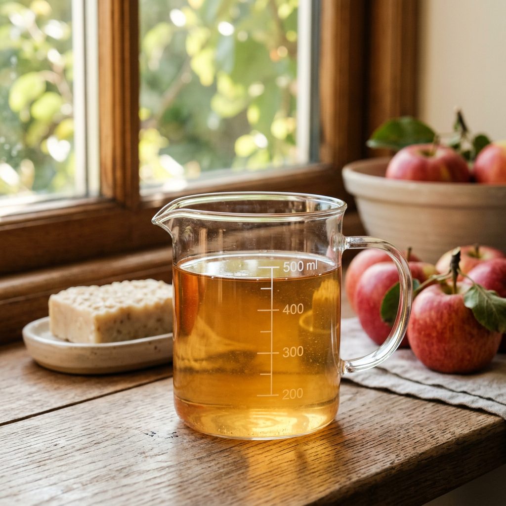 Apple cider vinegar rinse bottle next to a shampoo bar