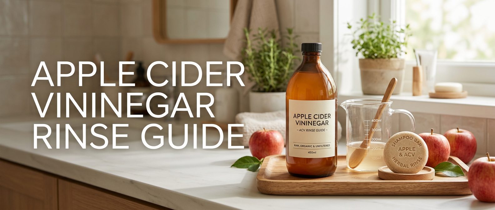 Apple cider vinegar bottle for a natural hair rinse with shampoo bars