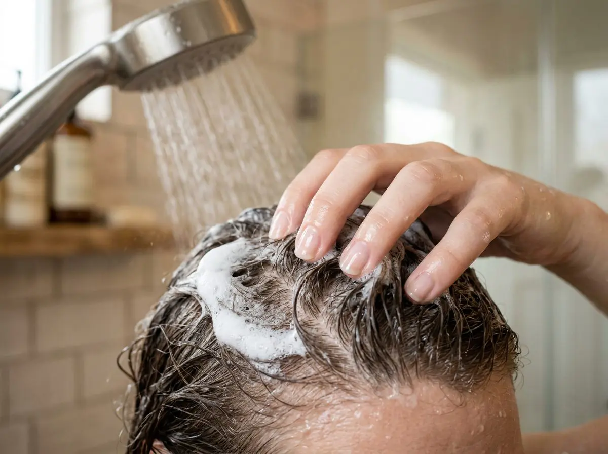 ACV rinse being applied after shampoo bar wash to prevent mineral buildup on scalp