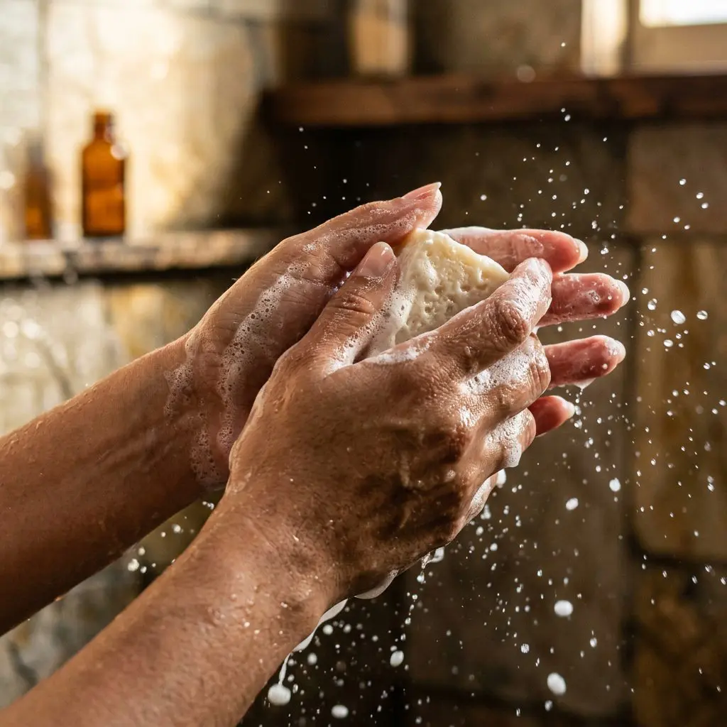Shampoo bar lathering in wet hands