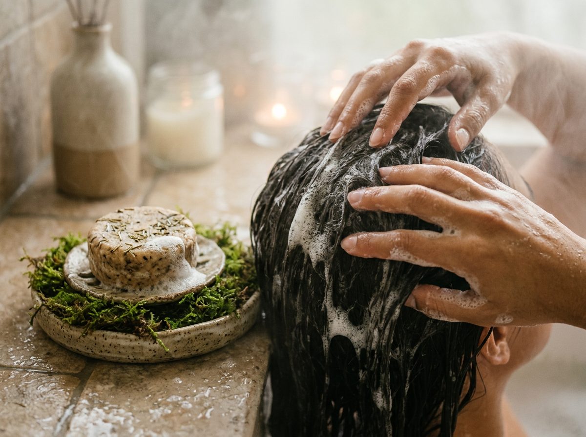 Cold-process shampoo bar made from plant oils saponified with sodium hydroxide