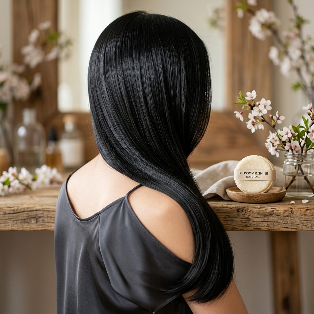 Cold-process shampoo bar beside keratin-treated hair — sulfate-free and salt-free, suitable for smoothing treatments