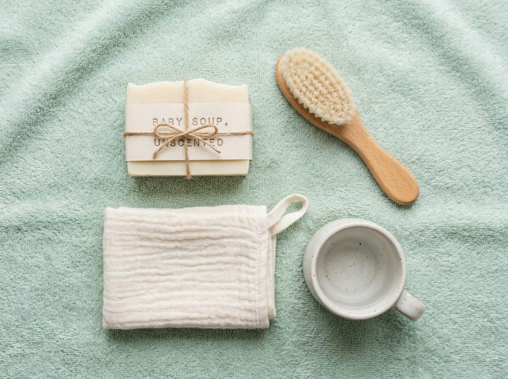 Natural cold-process shampoo bars suited for seborrheic dermatitis arranged on a wooden surface with plant oil bottles