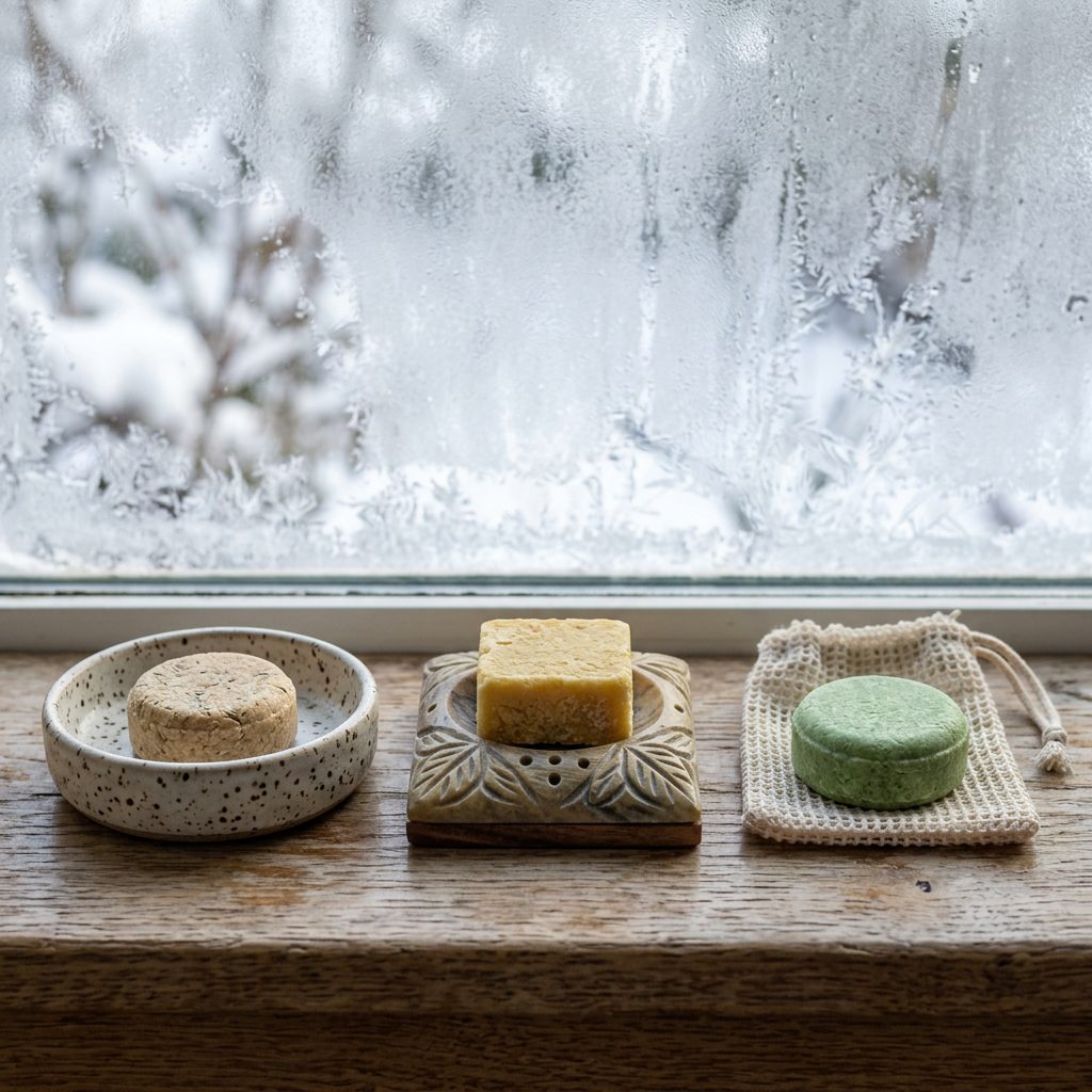 Natural shampoo bar on a wooden soap saver next to a draining dish — a comparison of shampoo bar storage options