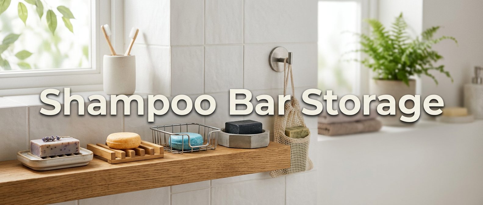 Wooden bathroom shelf holding shampoo bars on draining soap dishes and a hanging mesh bag