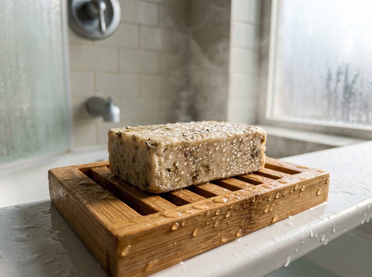 Shampoo bar in a ceramic soap dish — proper storage for maximum bar longevity