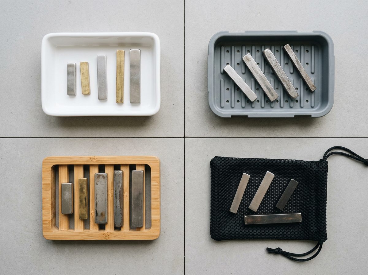 Wooden soap saver board lifting a shampoo bar off the surface for proper draining