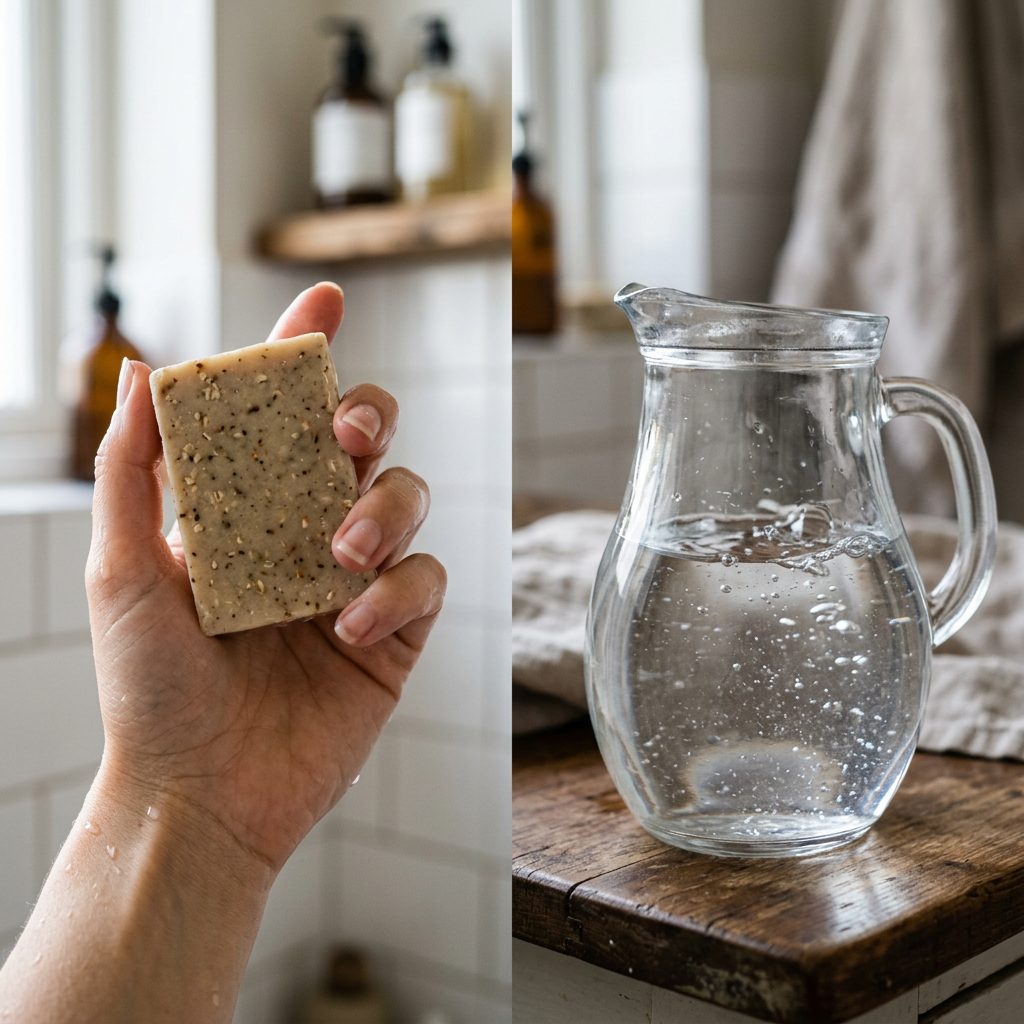 Shampoo bar and water-only no-poo method comparison — two natural hair care approaches side by side