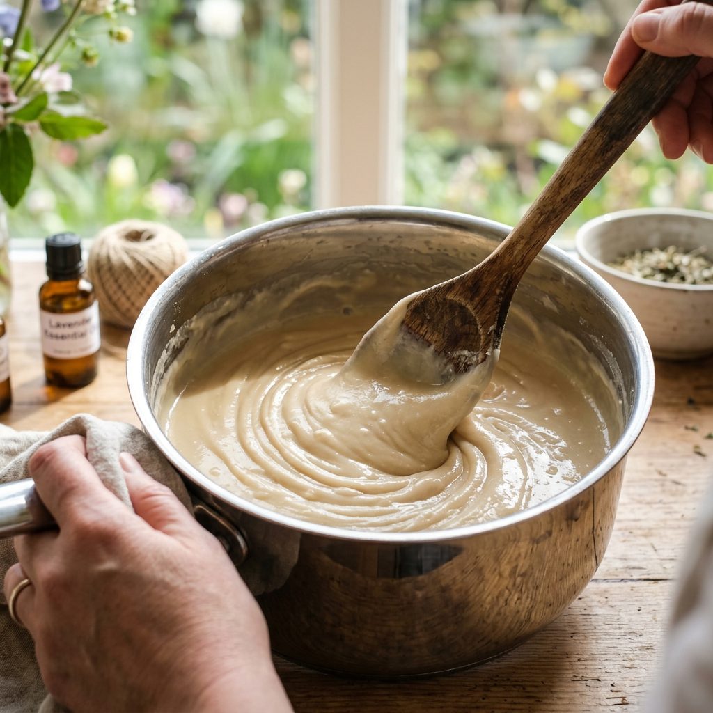 Soap maker combining plant oils and sodium hydroxide lye during cold process saponification to produce a natural shampoo bar