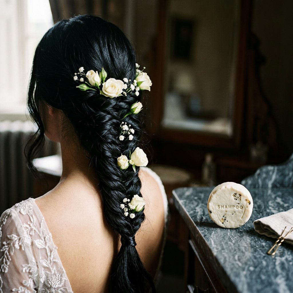 Bride with healthy natural hair texture using shampoo bars as part of a 4-week bridal hair prep plan