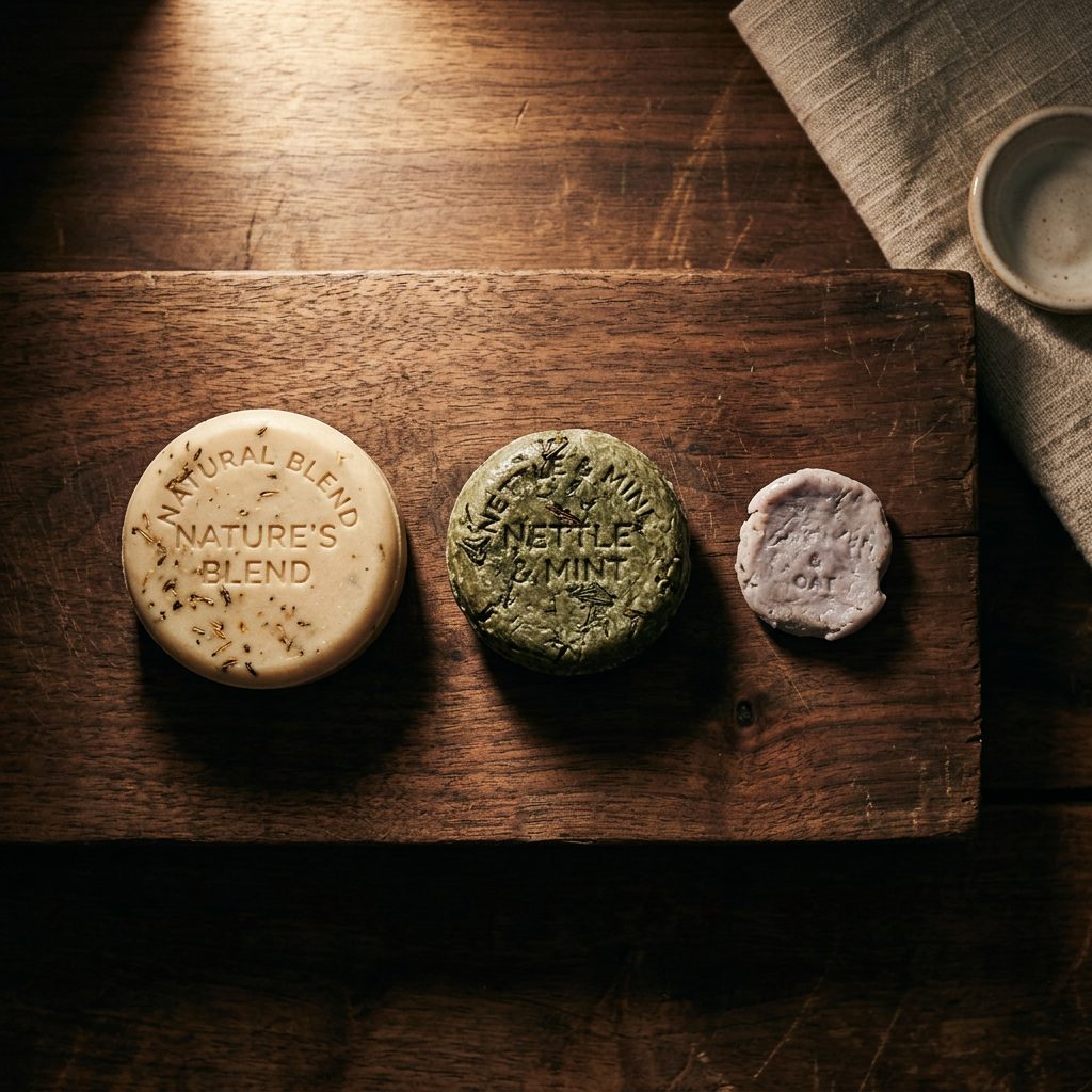 A cold-process shampoo bar on a wooden soap dish, illustrating shampoo bar shelf life and proper storage