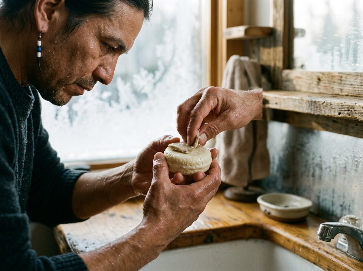 Hands inspecting an old shampoo bar for orange spots and rancid scent by a frosty window