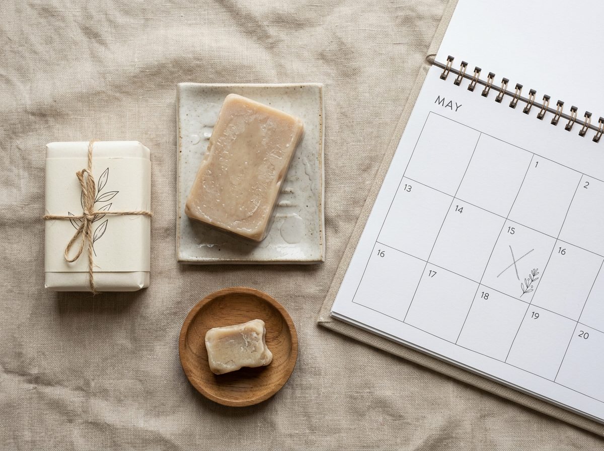 Wrapped shampoo bars and a soap dish next to a calendar tracking bar shelf life
