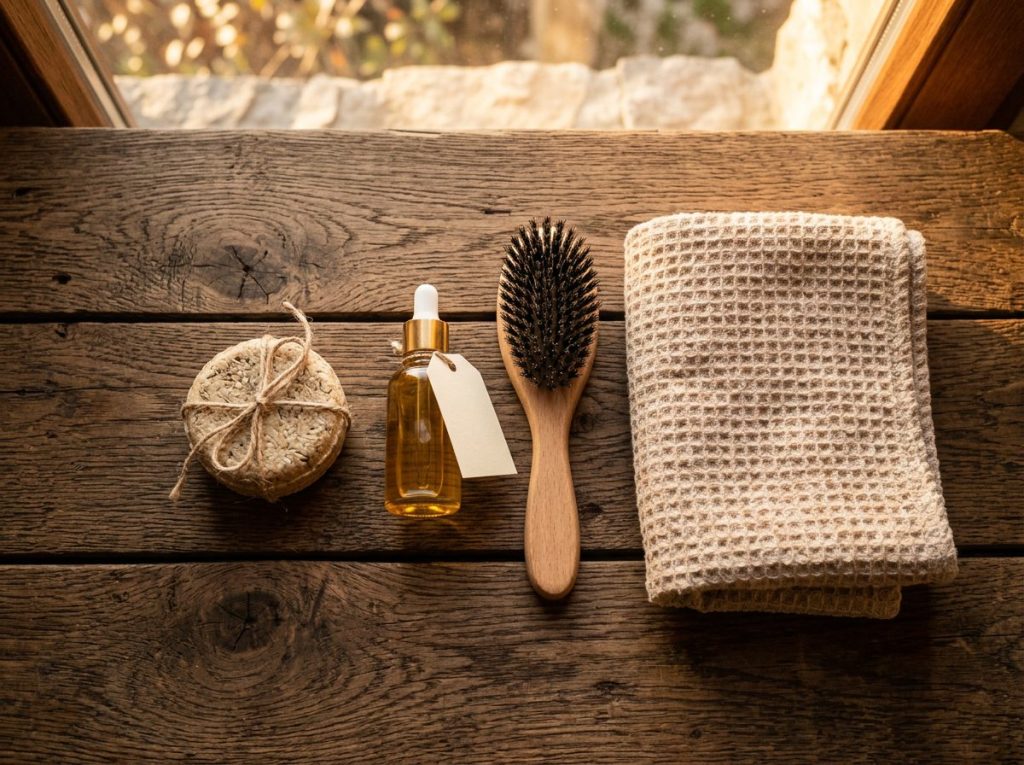Shampoo bars for hot yoga — a cold-process bar resting on a damp towel after a workout