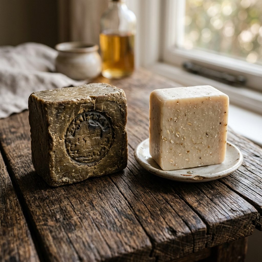 Ancient olive-oil soap bars representing the 800-year history of shampoo, from Aleppo and Castile soap to modern bar shampoo