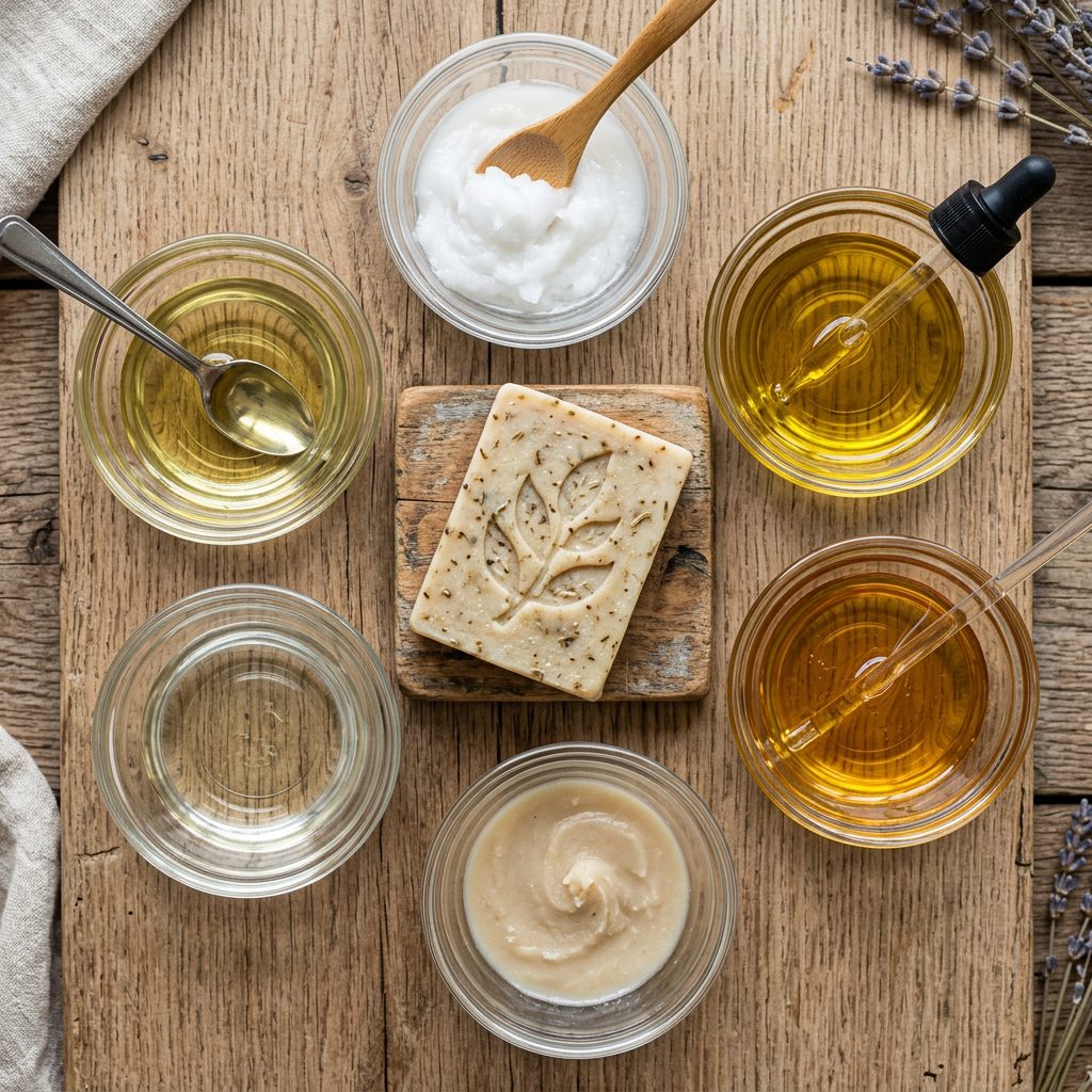 Six plant oils used in a palm-free natural shampoo bar formula, including olive, coconut, castor, shea, sweet almond, and rice bran