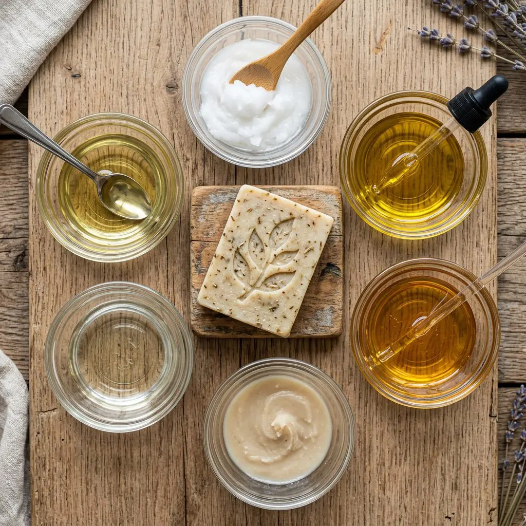 Six plant oils used in a palm-free natural shampoo bar formula, including olive, coconut, castor, shea, sweet almond, and rice bran