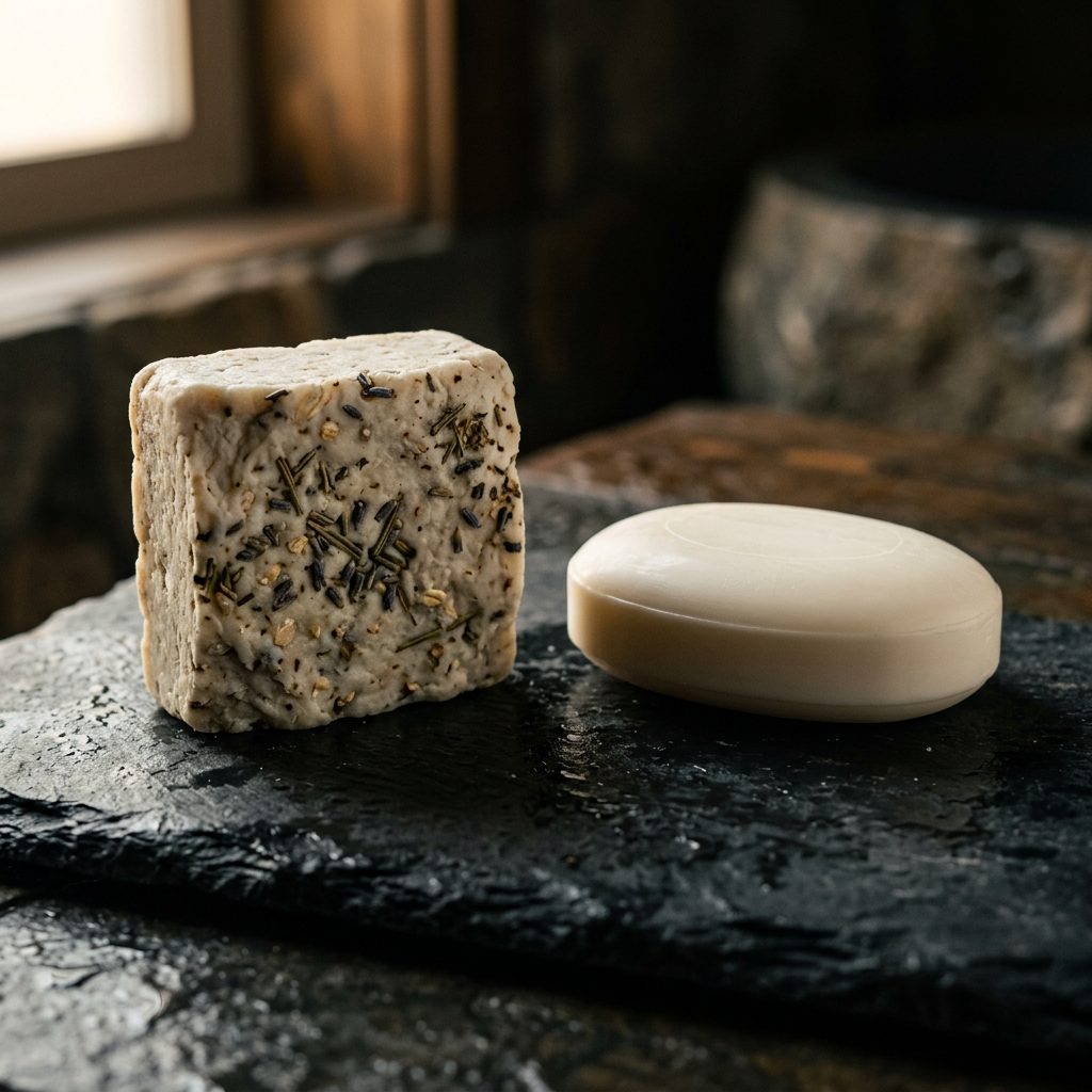 Saponified oil shampoo bars beside synthetic surfactant shampoo bottles showing differences in ingredients and packaging