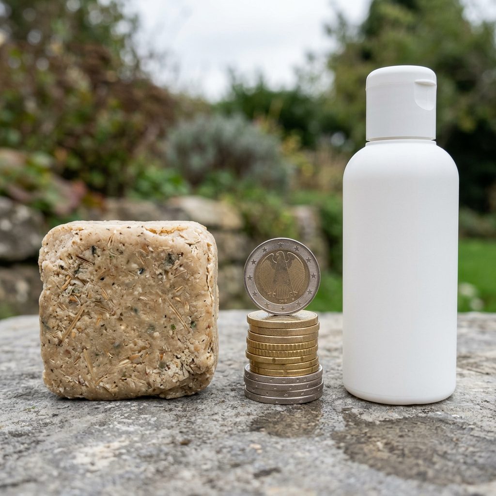Shampoo bar beside multiple plastic shampoo bottles showing annual cost comparison for natural hair washing