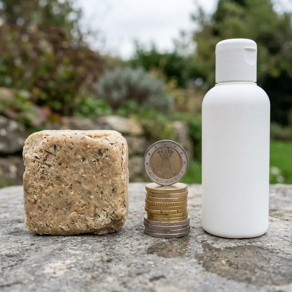 Shampoo bar beside multiple plastic shampoo bottles showing annual cost comparison for natural hair washing